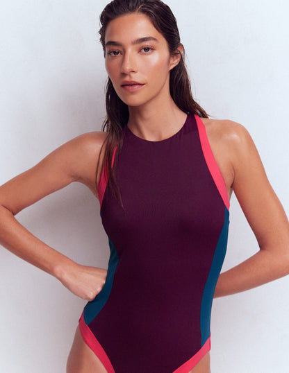 Sportlicher Badeanzug mit Paspel-Lila, Blockfarben-1