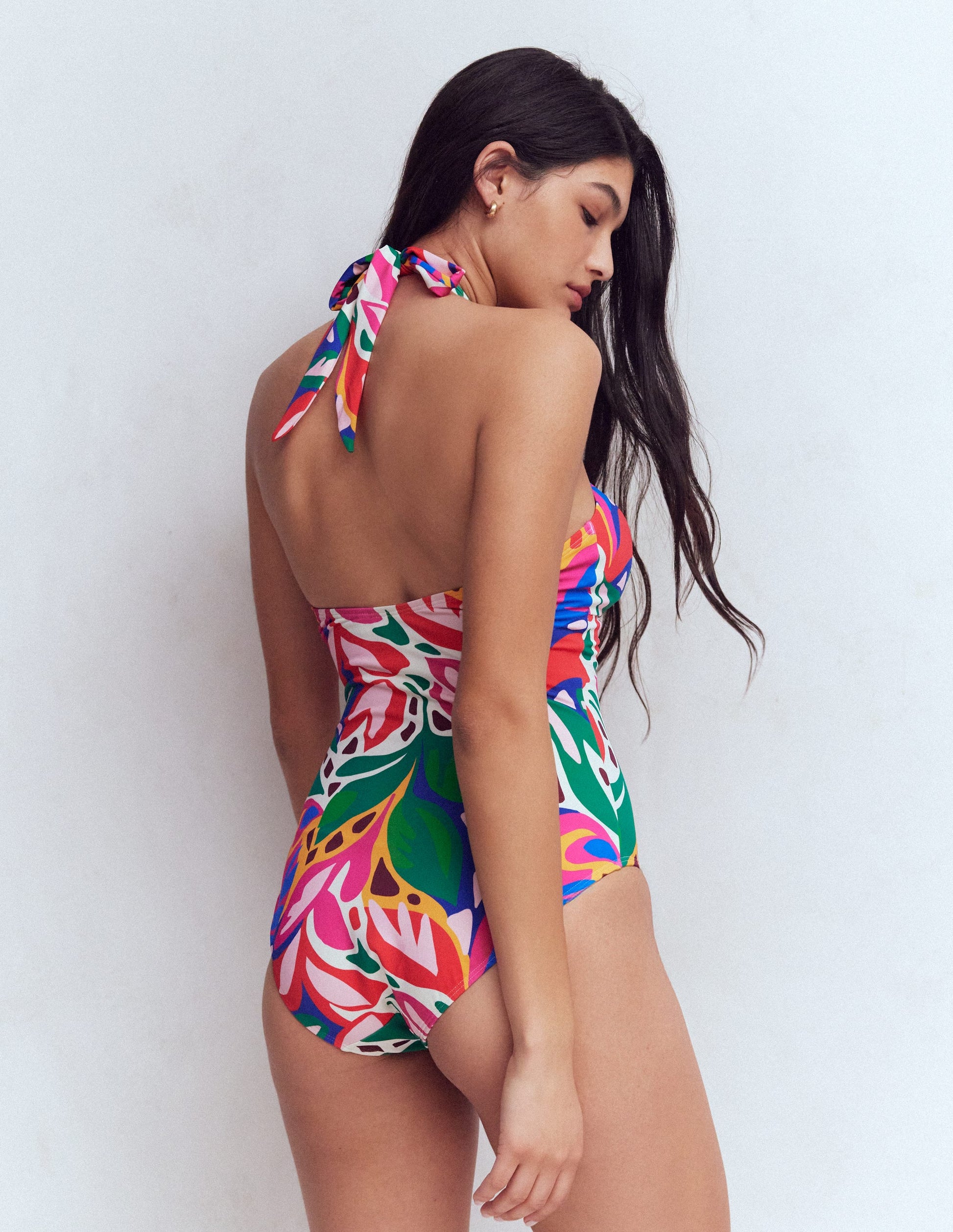 Minori Neckholder-Badeanzug zum Binden-Bunt, Blattkaskade-6