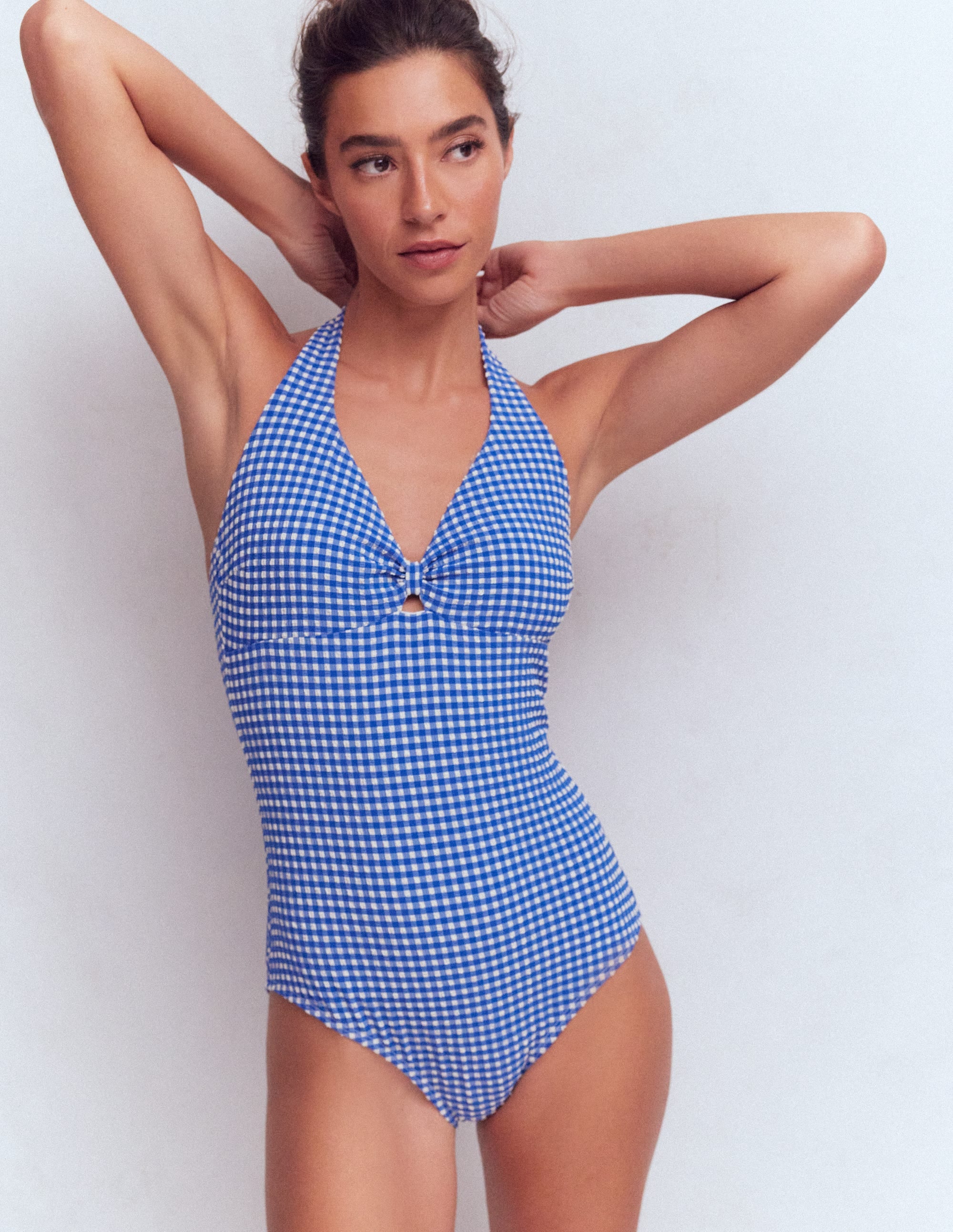 Bow Halter Swimsuit-Bright Blue, Gingham - Image 2