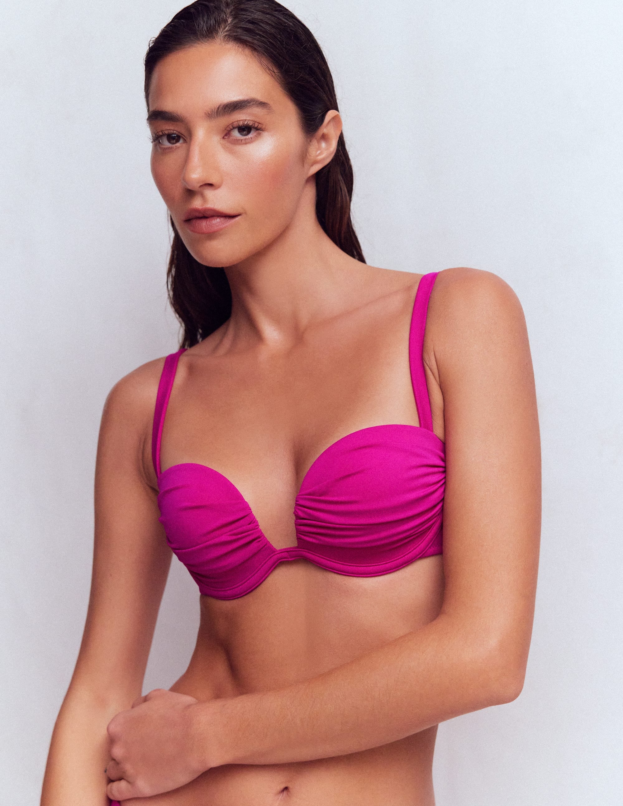 Pleated Cup Bikini Top-Bright Fuchsia - Image 1