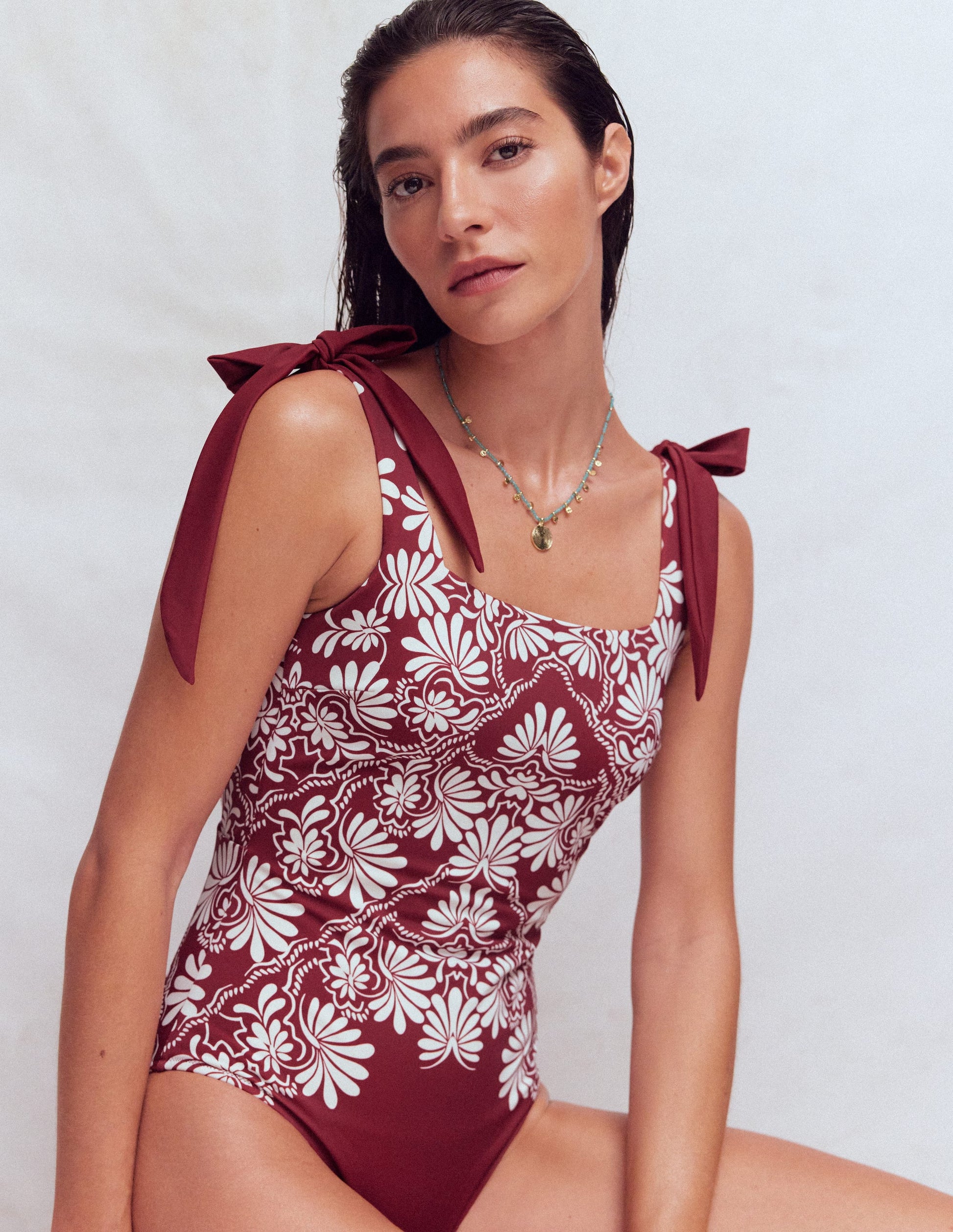 Badeanzug mit Schleife am Träger-Kastanienbraun, Botanischer Zauber-2