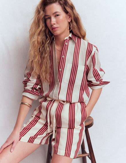 Sadie Relaxed Linen Shirt-Ivory, Brown, Pink Stripe