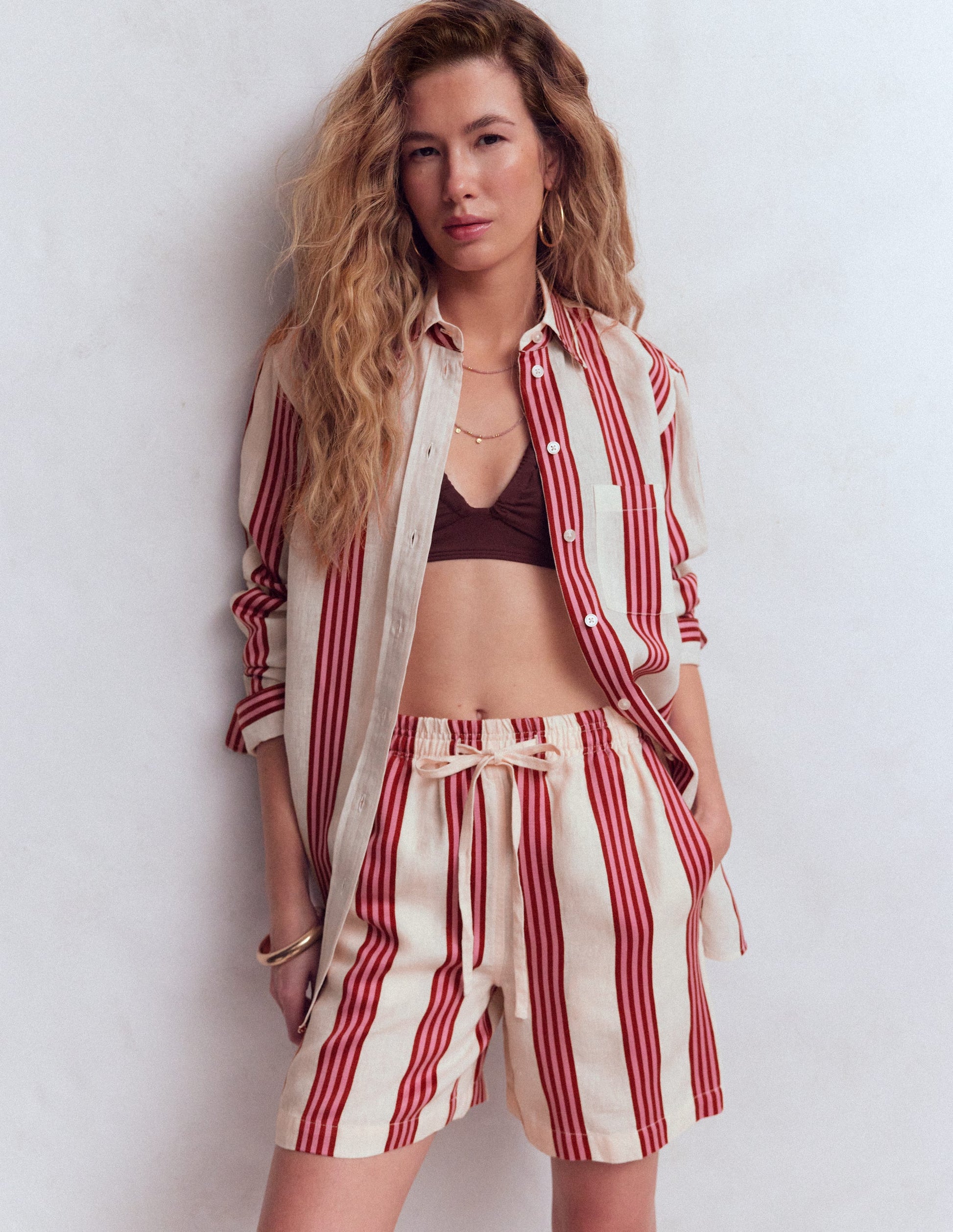 Sadie Lockeres Leinenhemd-Naturweiß, Braun, Rosa Streifen-5