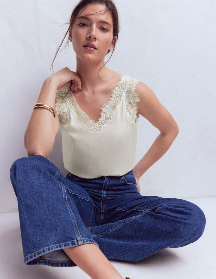 Camisole-Oberteil aus Seidenmischung mit Spitzenbesatz-Naturweiß