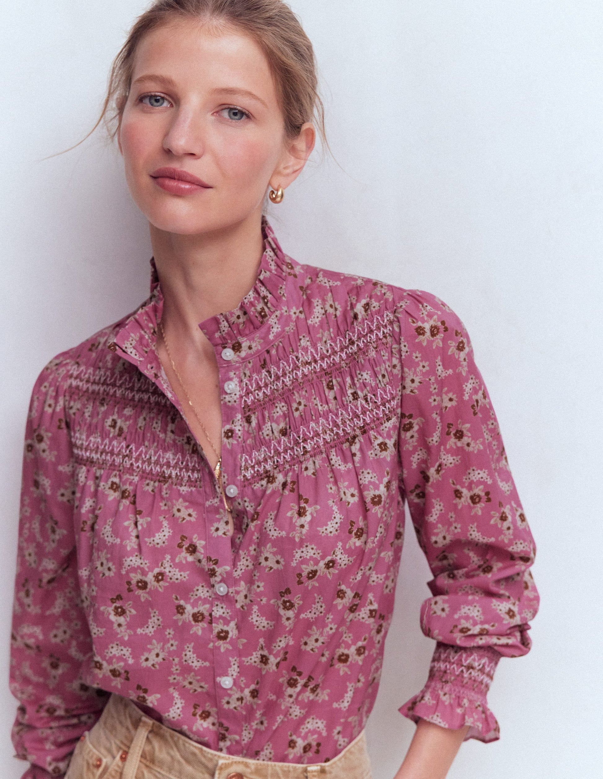 Esme Gesmoktes Oberteil mit Rüschen-Rosa, Kleine Blüten-5