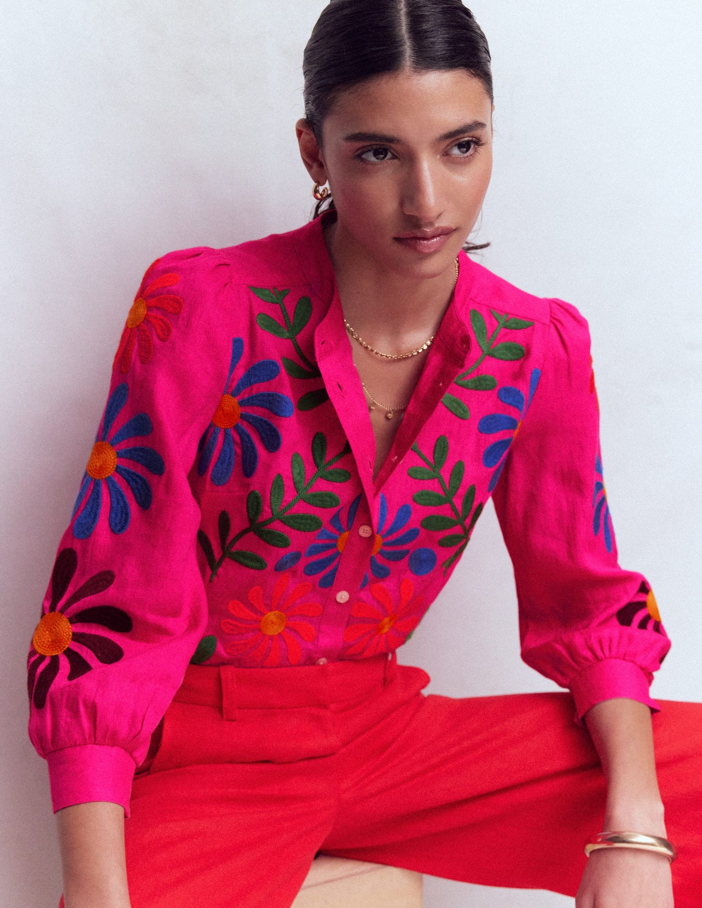 Alicia Linen Top-Pink Peony, Flower Embroidery