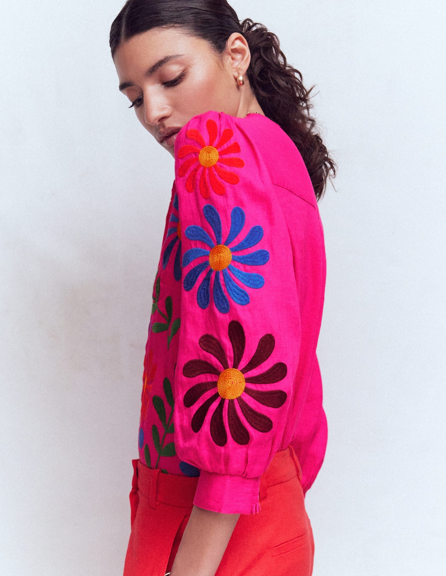 Alicia Linen Top-Pink Peony, Flower Embroidery