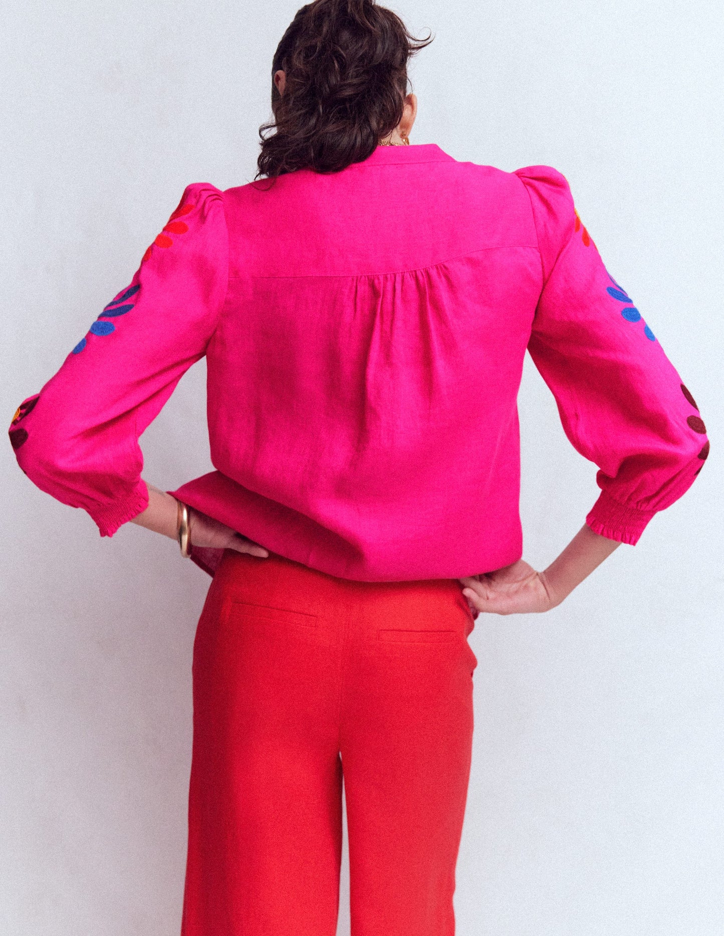 Alicia Linen Top-Pink Peony, Flower Embroidery