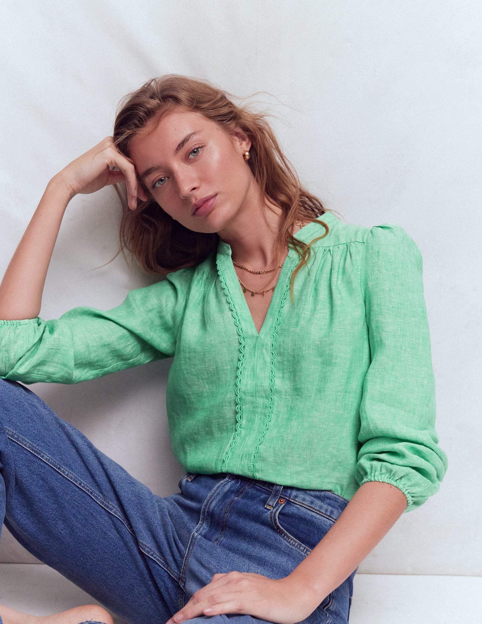 Top en lin à détails intégrés-Chambray vert aloe vera-1