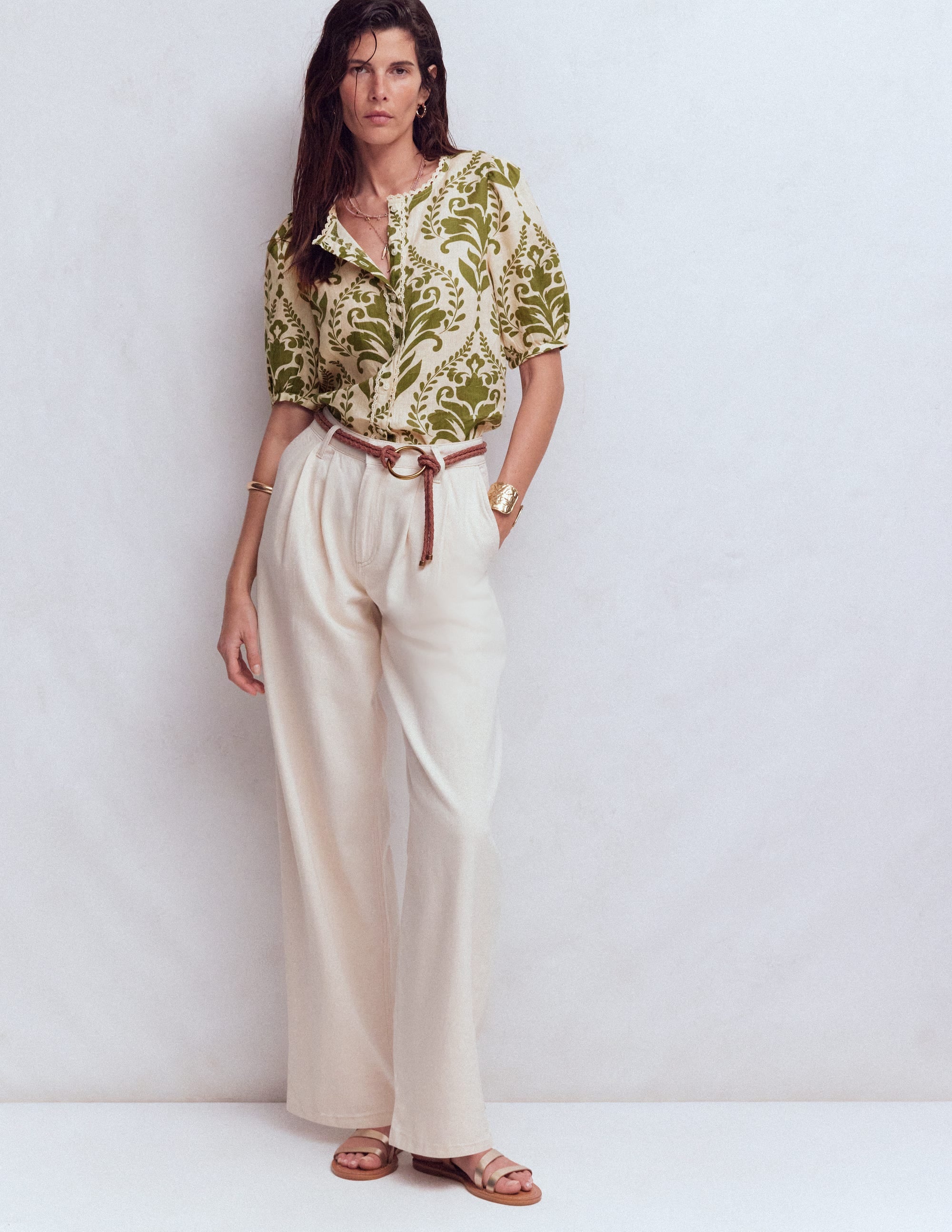 Top manches courtes Leah en lin-Vert, motif Decorative Lattice - Image 4