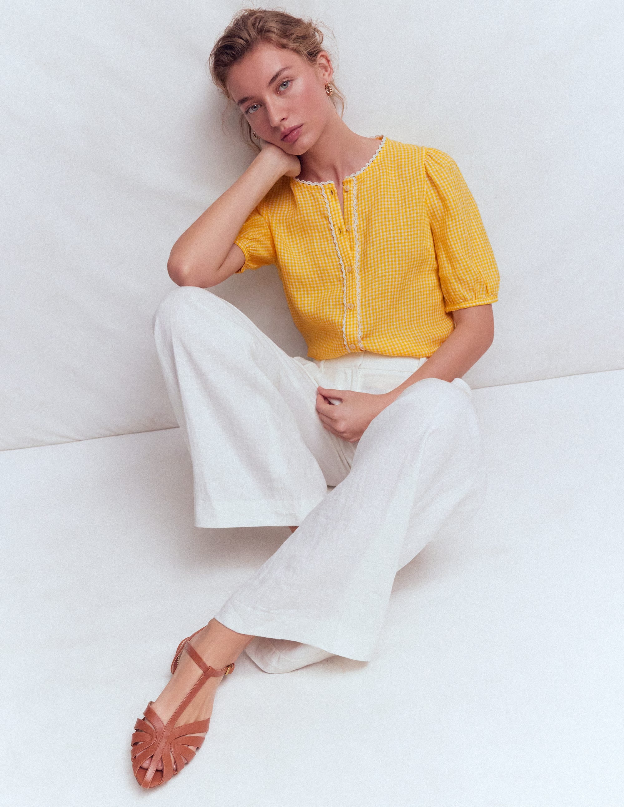 Top manches courtes Leah en lin-Vichy jaune soleil - Image 1