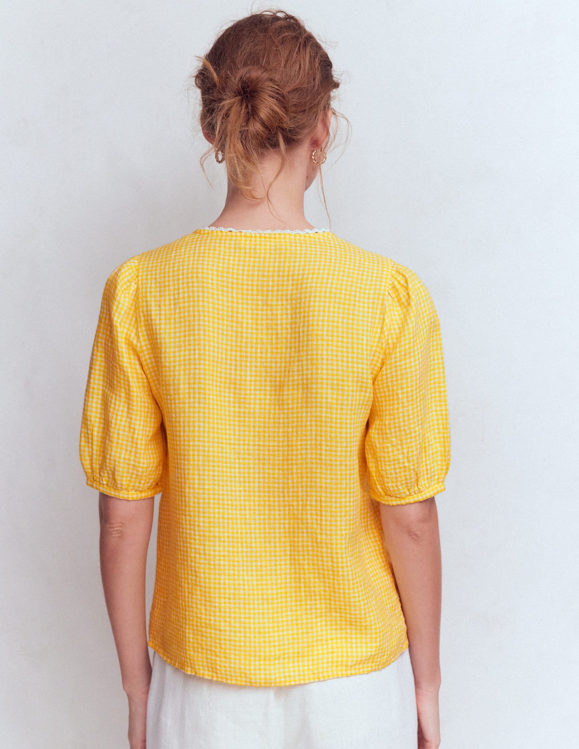 Top manches courtes Leah en lin-Vichy jaune soleil - Image 3