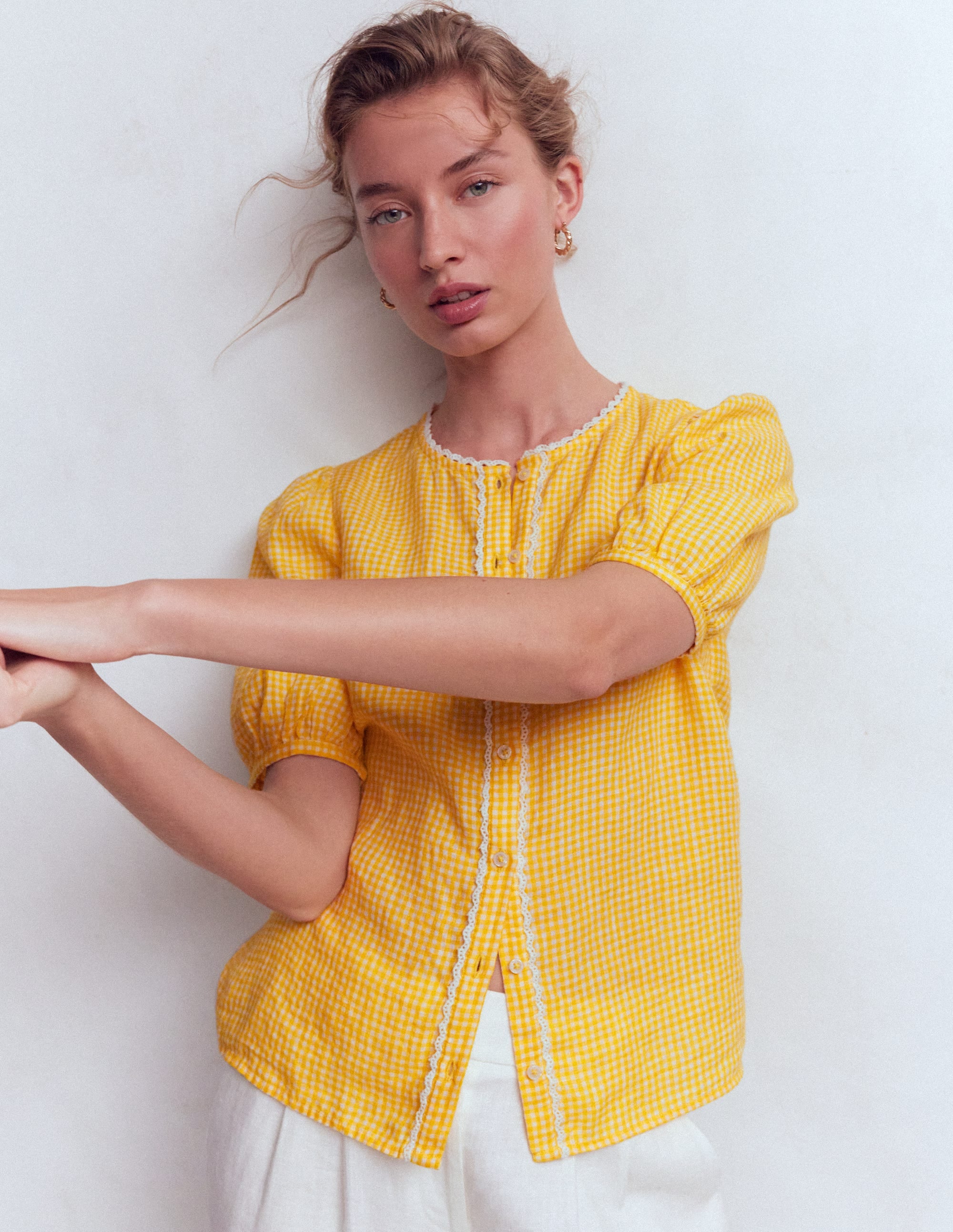 Top manches courtes Leah en lin-Vichy jaune soleil - Image 4