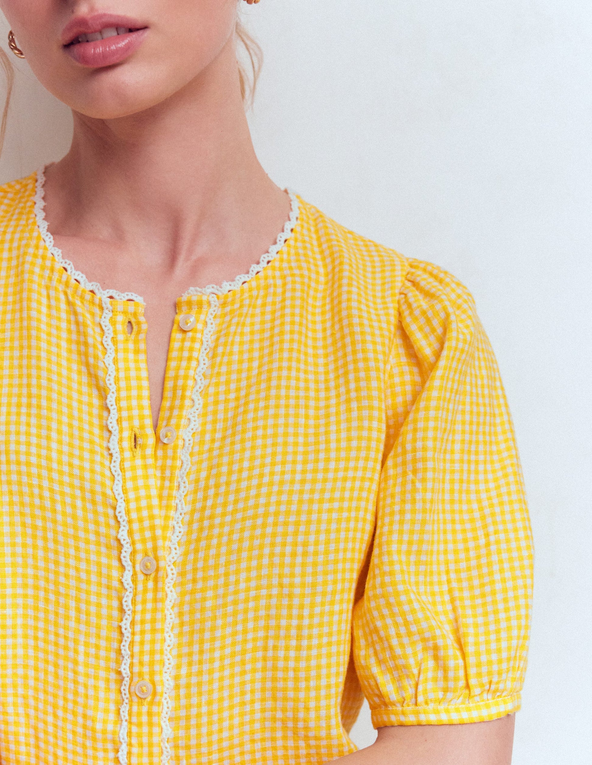 Leah Short Sleeve Linen Top-Yellow Gingham-6