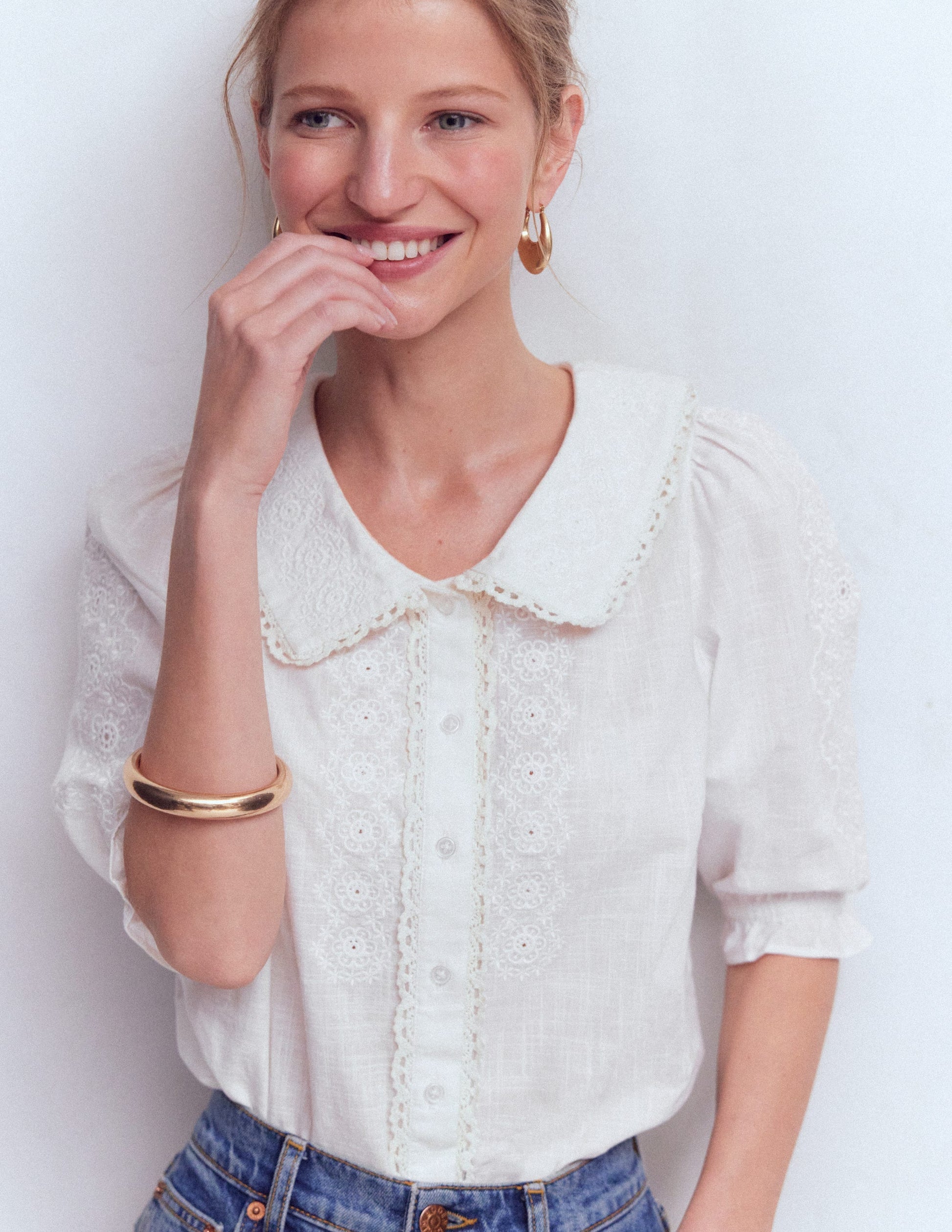 Short Sleeve Pretty Collar Top-Brilliant White-5