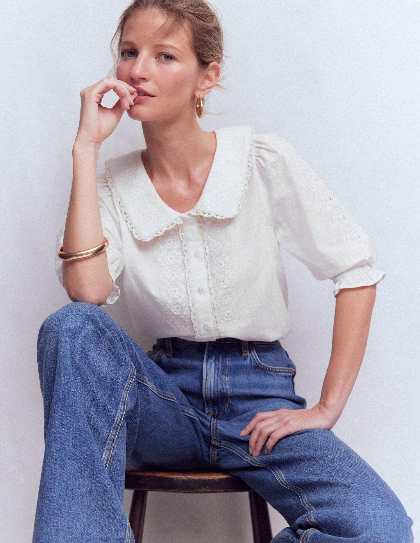 Short Sleeve Pretty Collar Top-Brilliant White