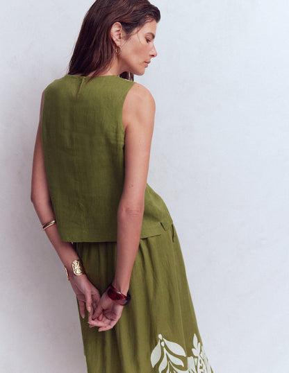 Sofia Besticktes Oberteil aus Leinen-Wintermoos, Naturweiße Stickerei-4