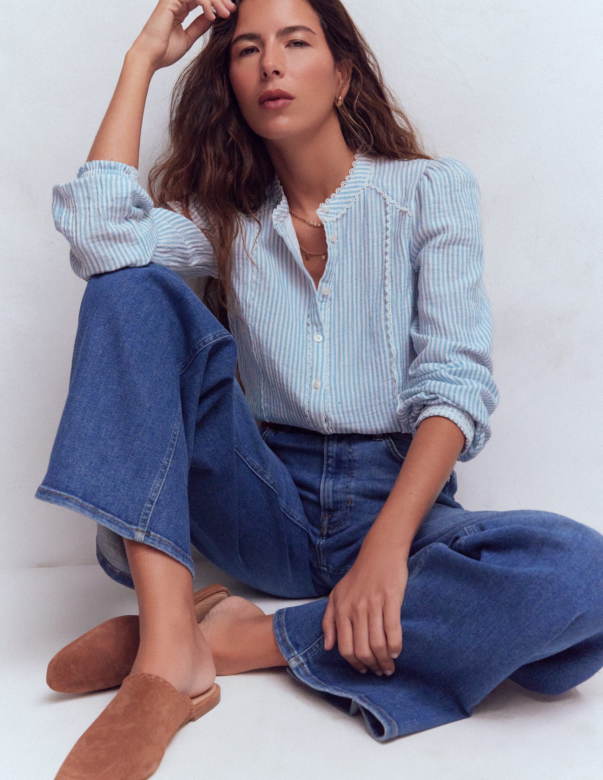 Top double-étoffe Rhea à détails-Rayé denim délavé et ivoire-1