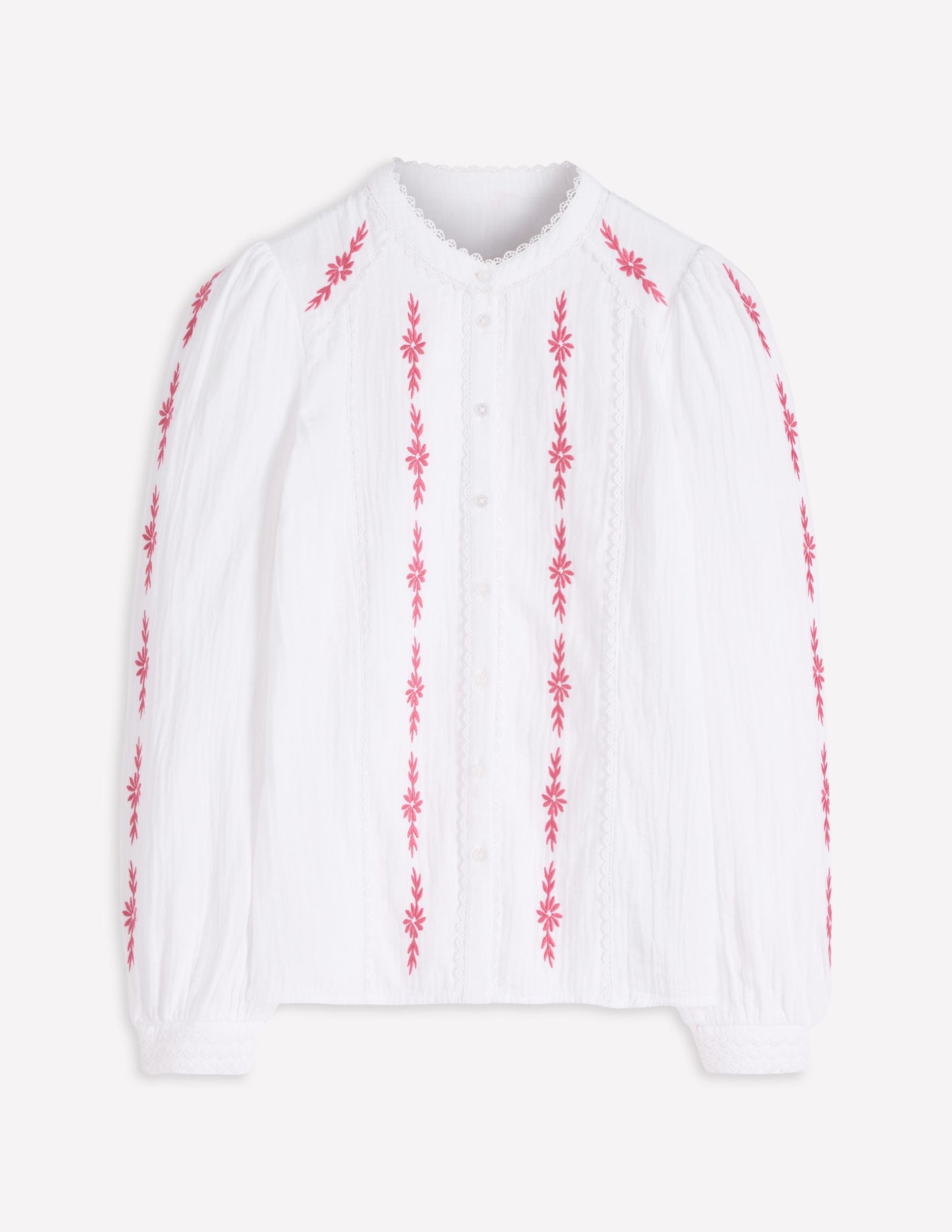 Rhea Doppeltuch-Oberteil mit Besatz-Weiß Winter Puderrosa Blumenmuster