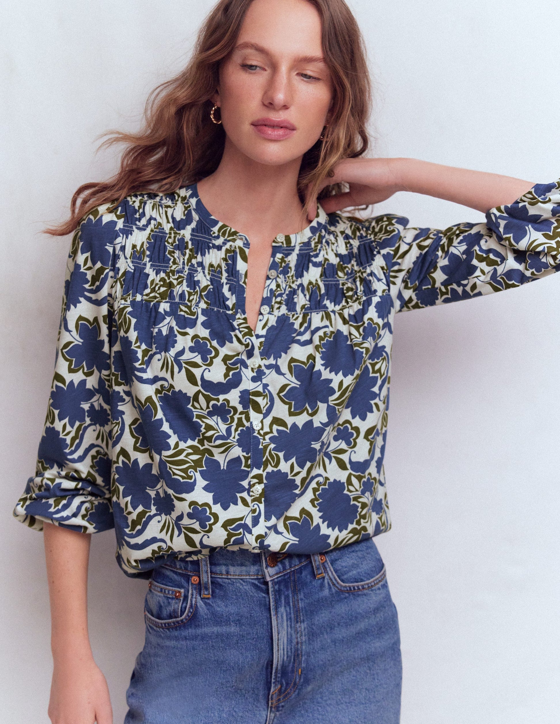 Mya Gesmoktes Jerseyhemd-Reines Marineblau, Schattenblüte-4