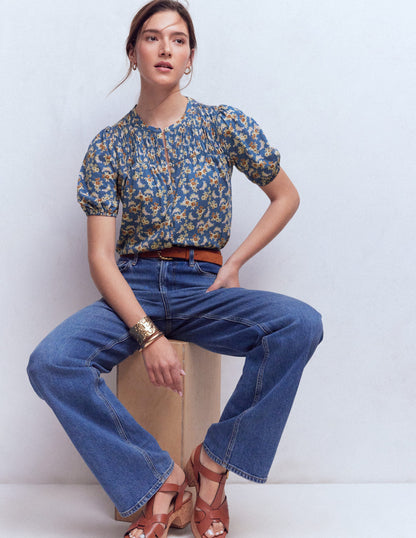 Mya Kurzärmeliges, gesmoktes Hemd-Echtes Marineblau, Zarte Blüten-2