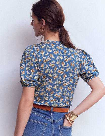 Mya Kurzärmeliges, gesmoktes Hemd-Echtes Marineblau, Zarte Blüten-4