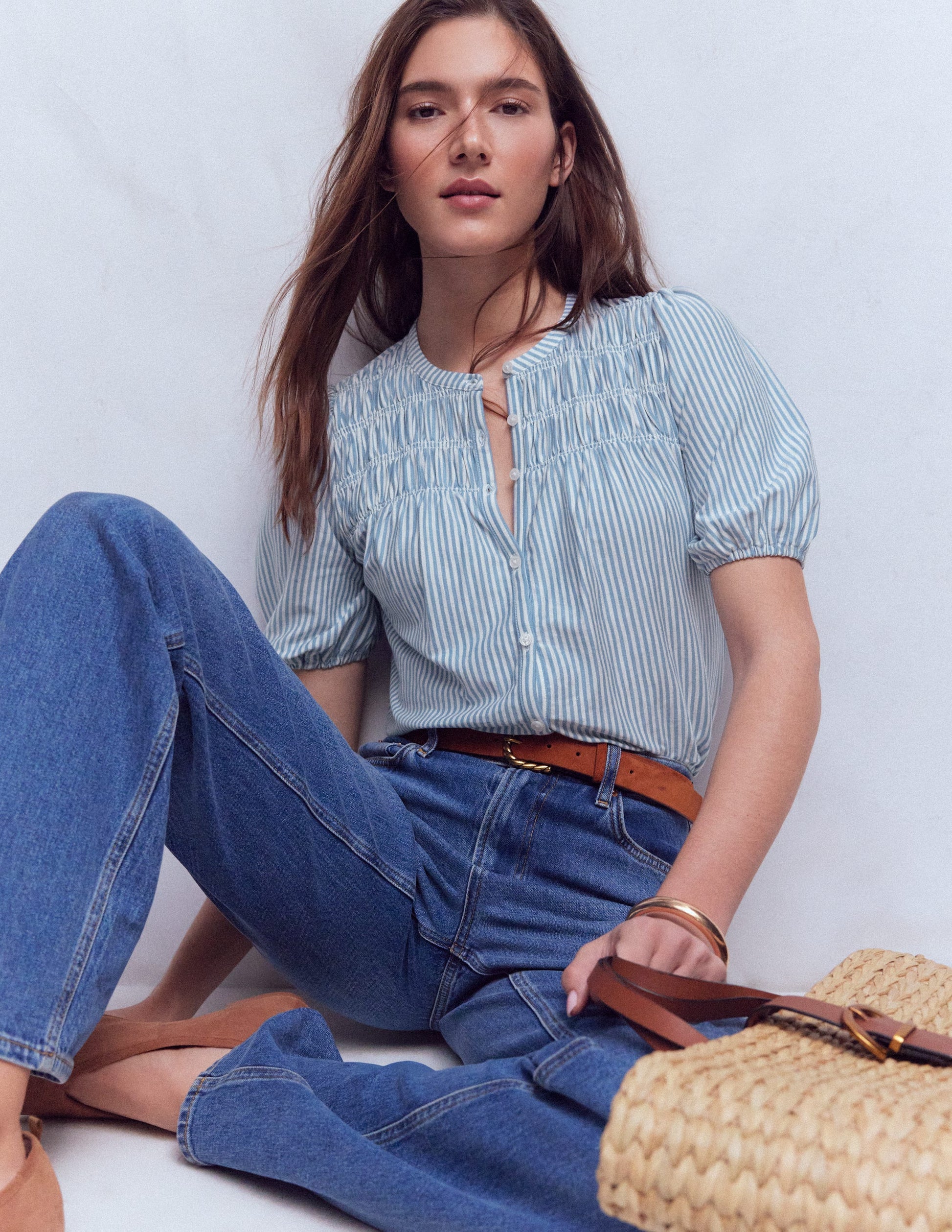 Mya Kurzärmeliges, gesmoktes Hemd-Französisches Blau und Naturweiß Streifen-1