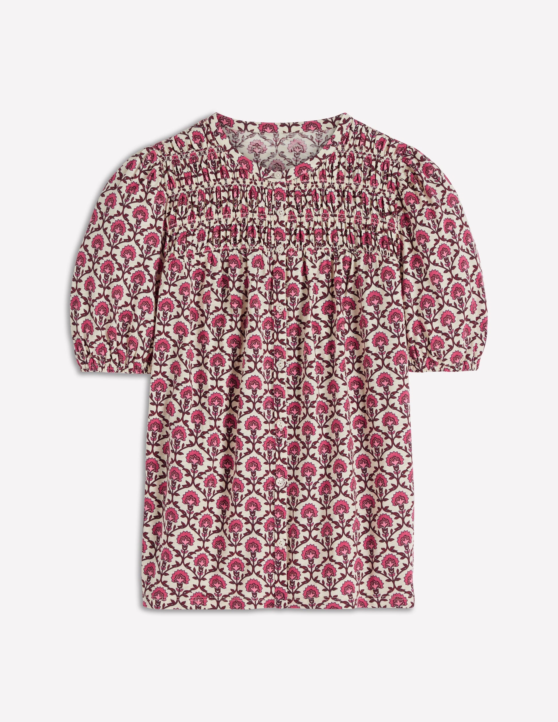 Mya Short Sleeve Smocked Shirt-Strawberry Pink,Flower Lattice-5