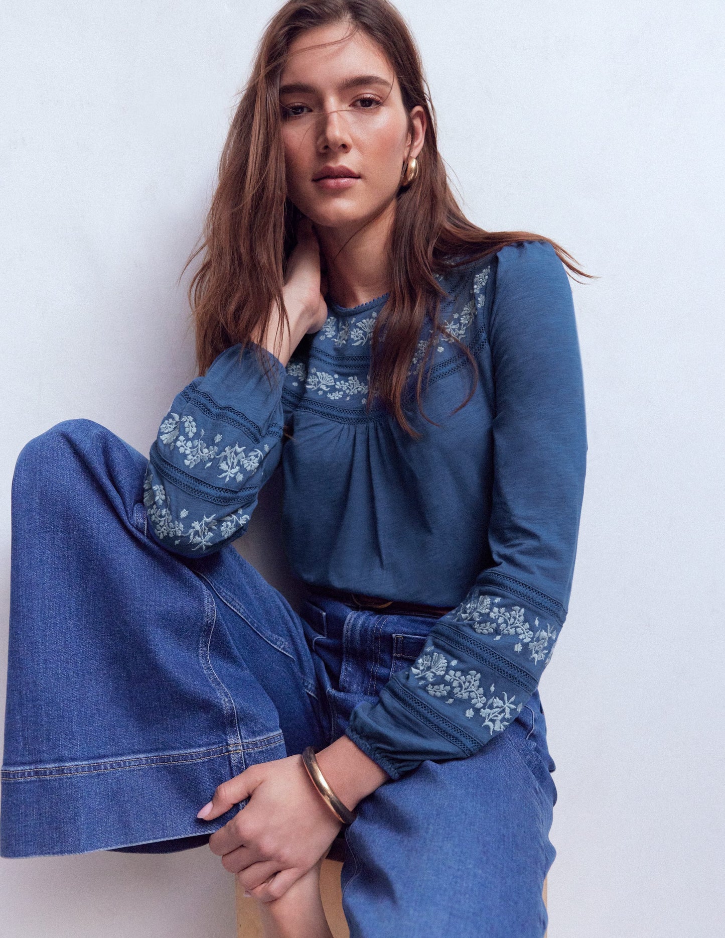 Rosie Besticktes Jersey-Oberteil-Klassisches Marineblau