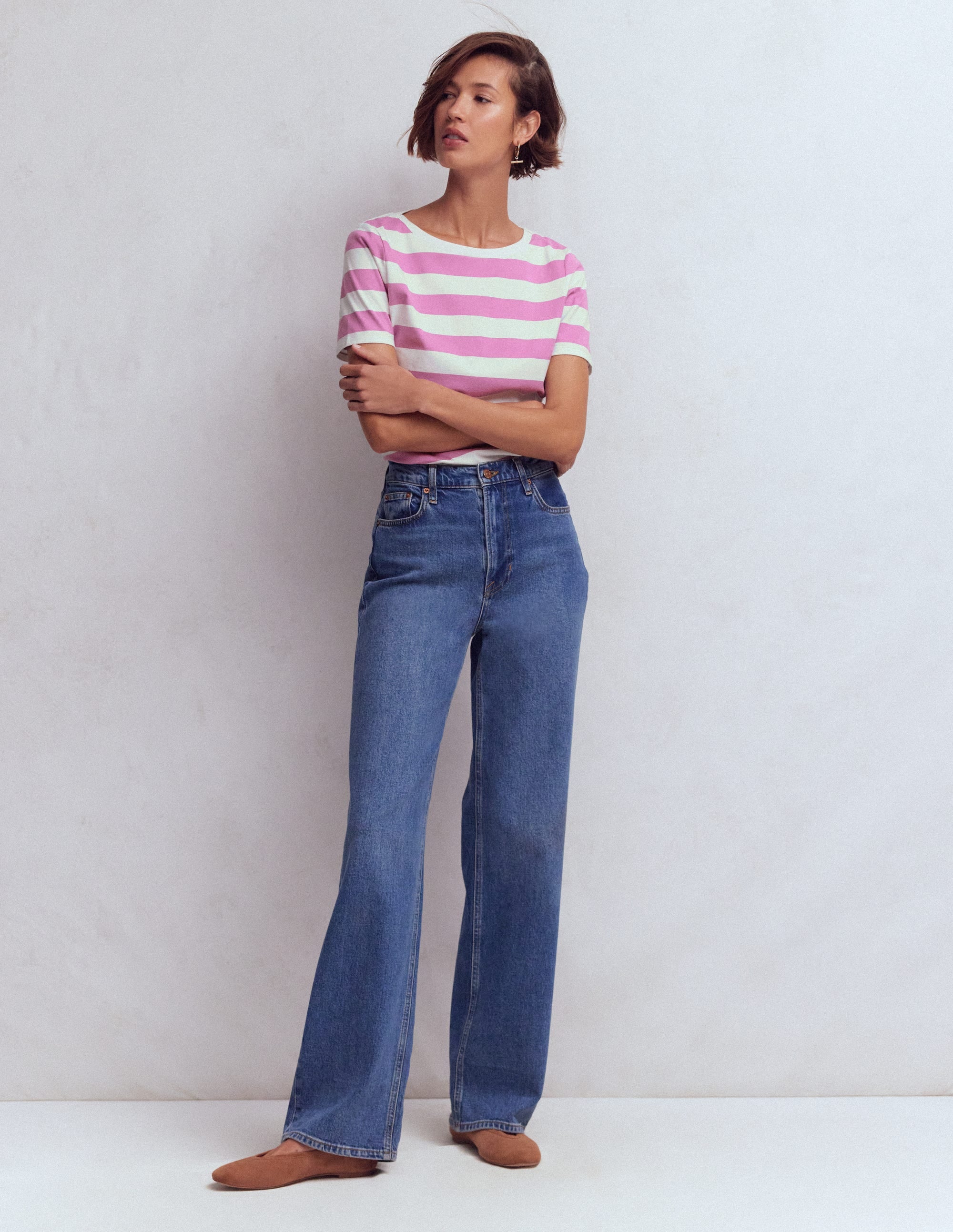 Olivia Kurzärmliges Bretonshirt-Rotklee-Rosa und Naturweiß Streifen - Image 1