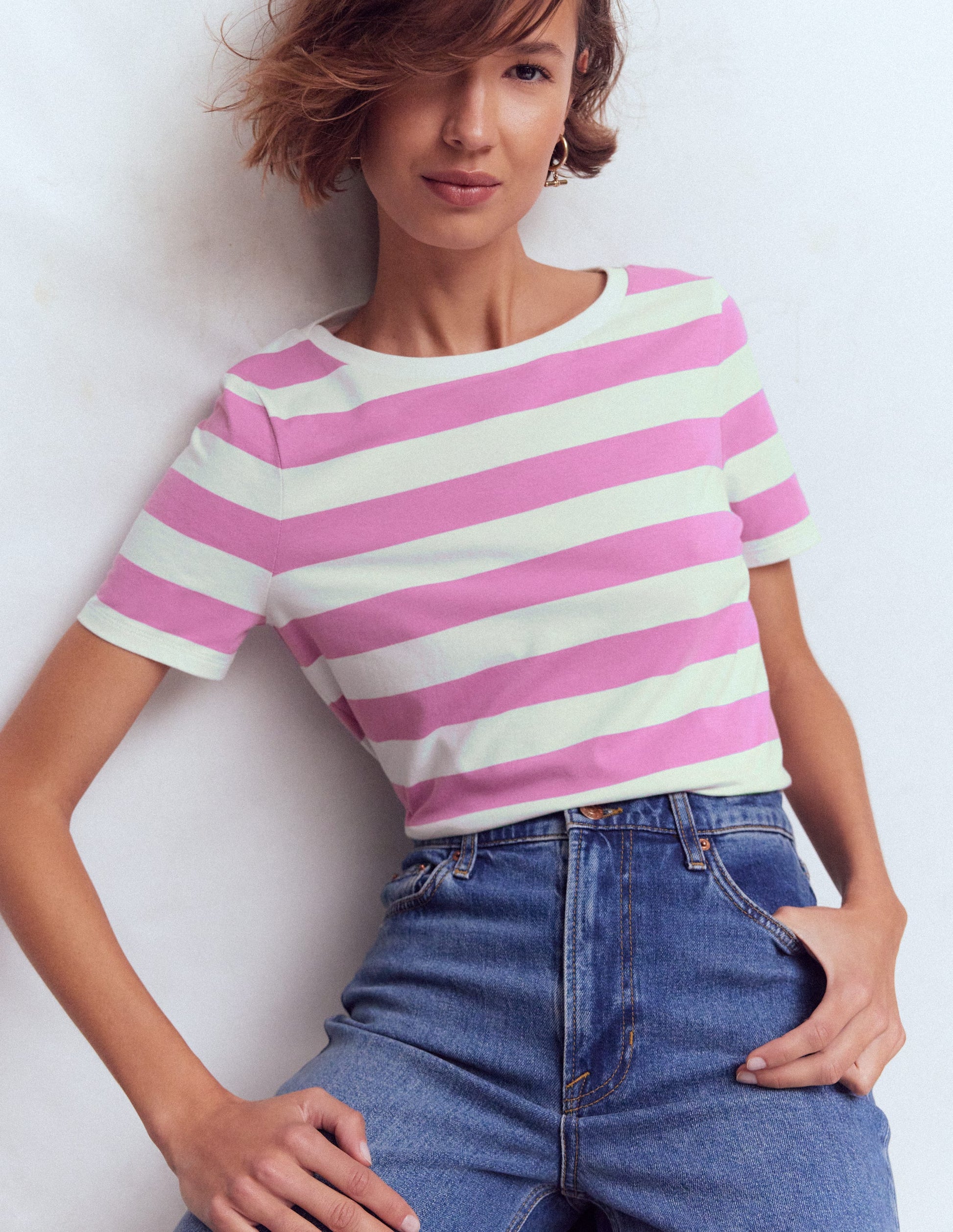Olivia Kurzärmliges Bretonshirt-Rotklee-Rosa und Naturweiß Streifen-5