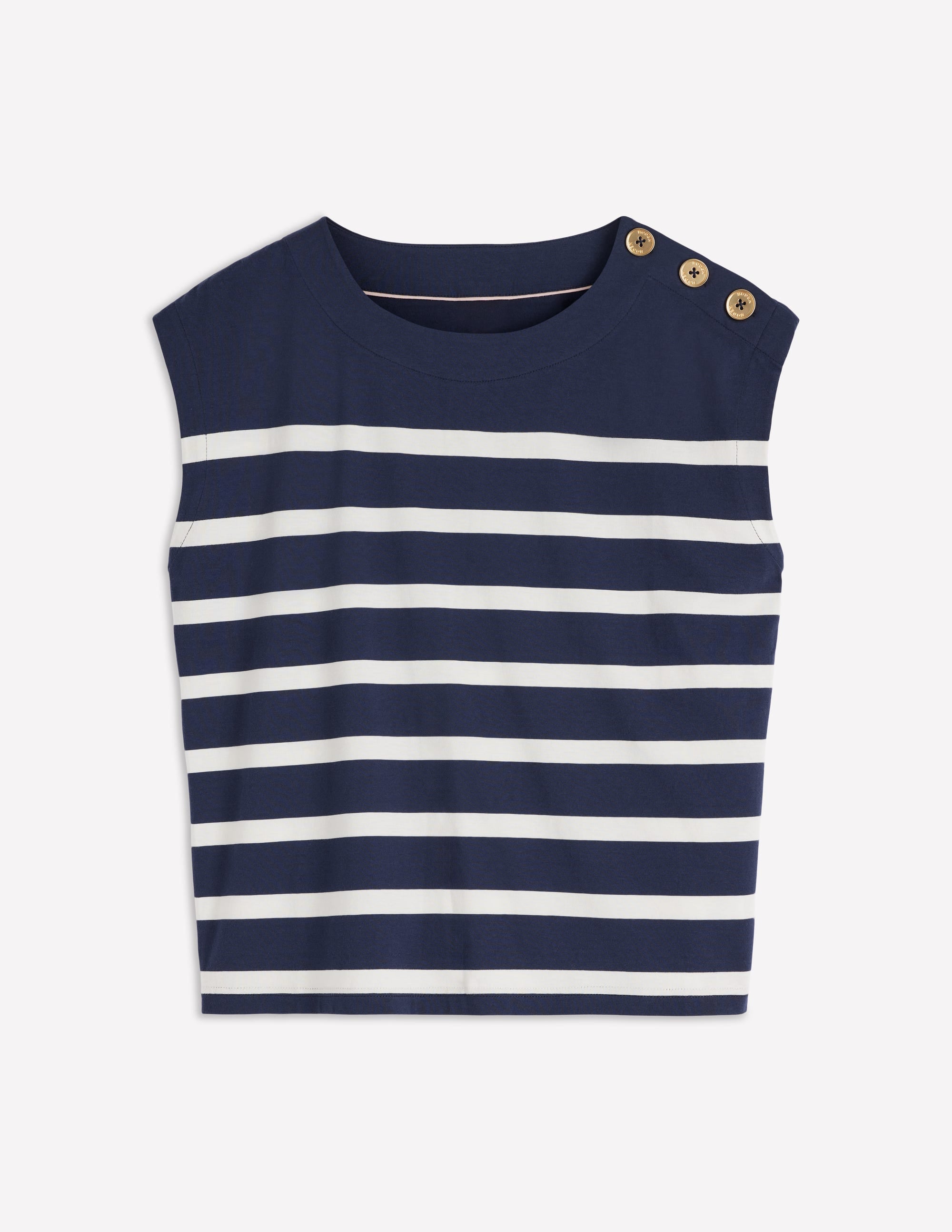 T-Shirt mit Knopfdetail-Marineblau und Naturweiß Gestreift - Image 5