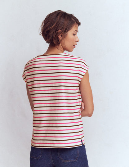 Button Detail T-Shirt-Pink Peony, Raw Umber Stripe-3