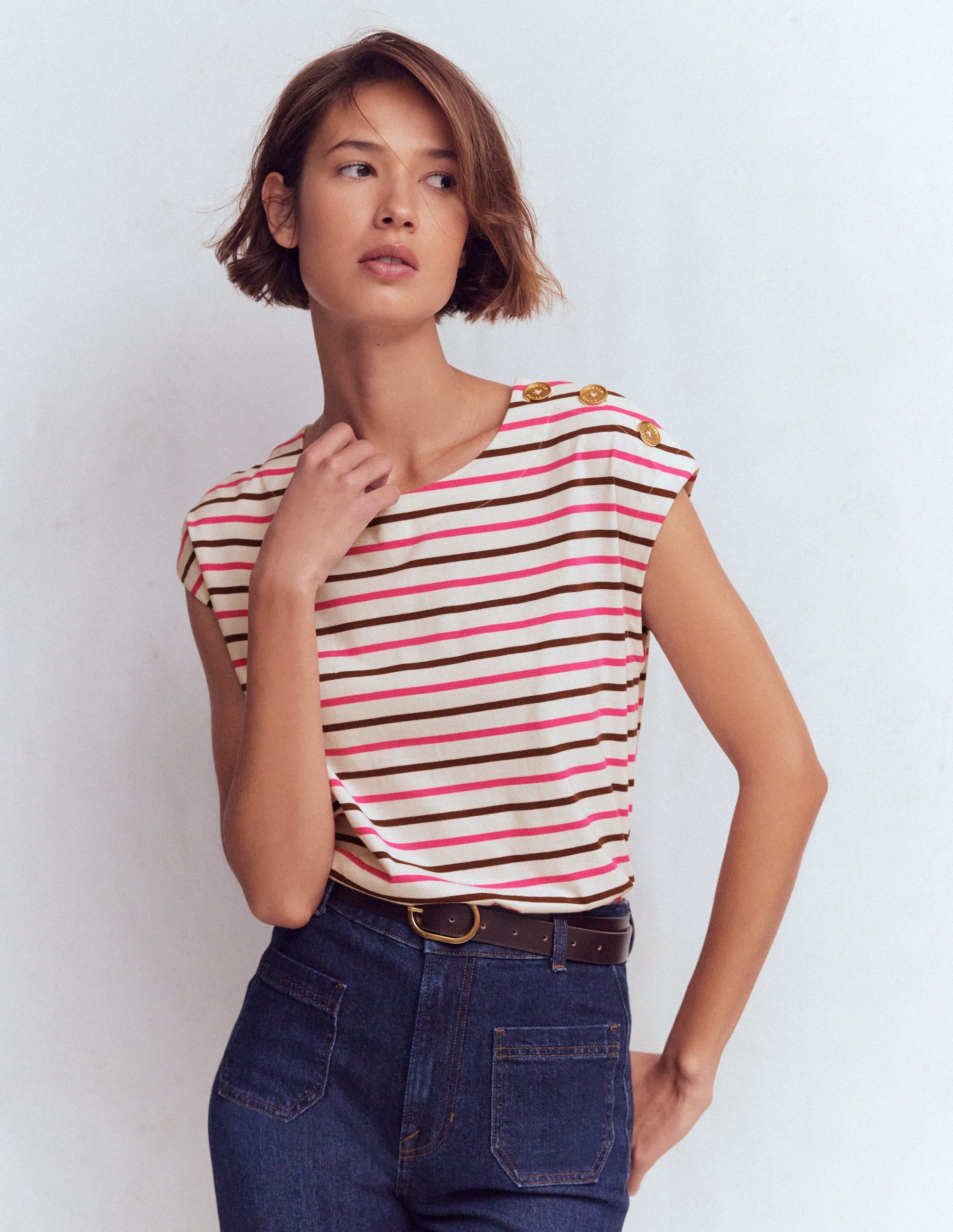 T-Shirt mit Knopfdetail-Rosa Pfingstrose, Umbra Streifen - Image 4