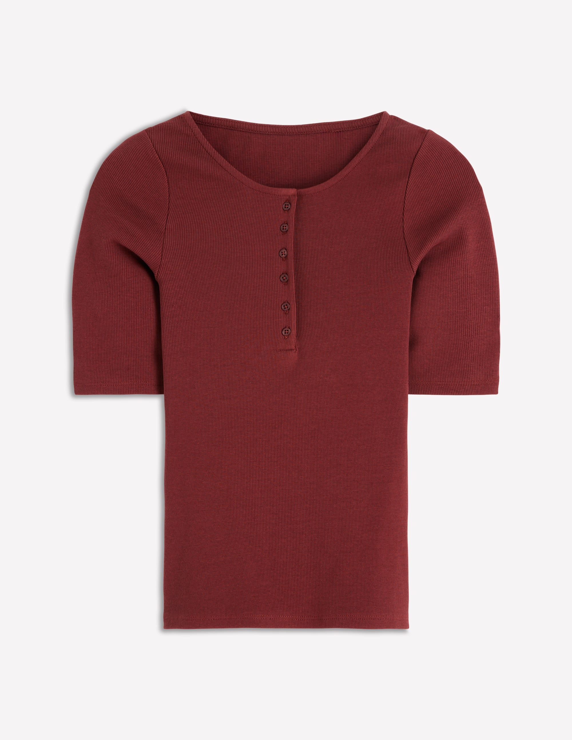 Kurzärmliges Henley-Shirt aus Rippstrick-Rostbraun - Image 6