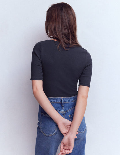 Kurzärmliges Henley-Shirt aus Rippstrick-Marineblau-3