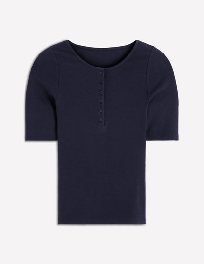 Kurzärmliges Henley-Shirt aus Rippstrick-Marineblau-5