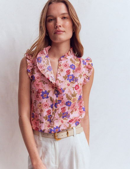 Isabel Ärmelloses Leinenoberteil-Rosa Blumenmuster