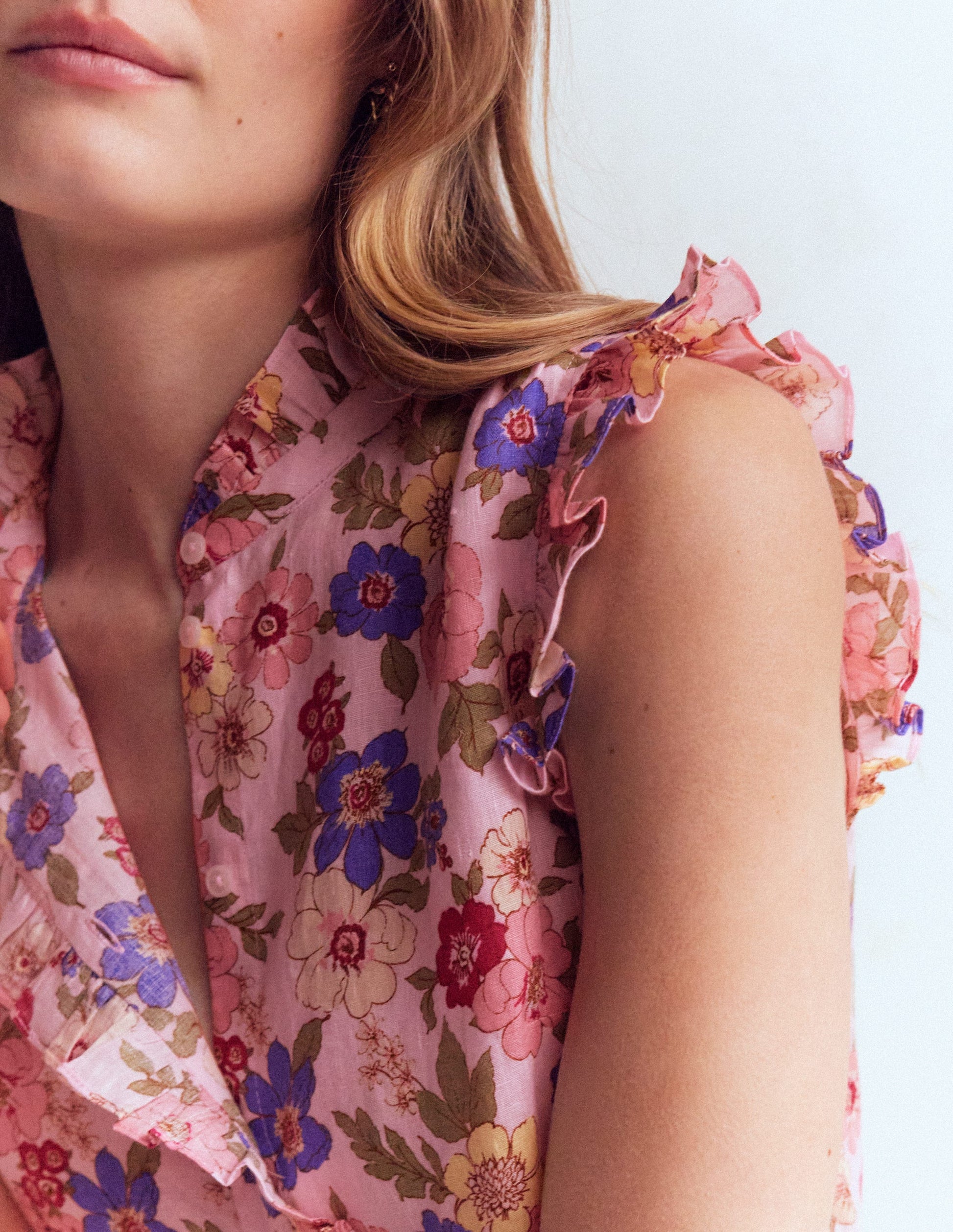 Isabel Ärmelloses Leinenoberteil-Rosa Blumenmuster-2