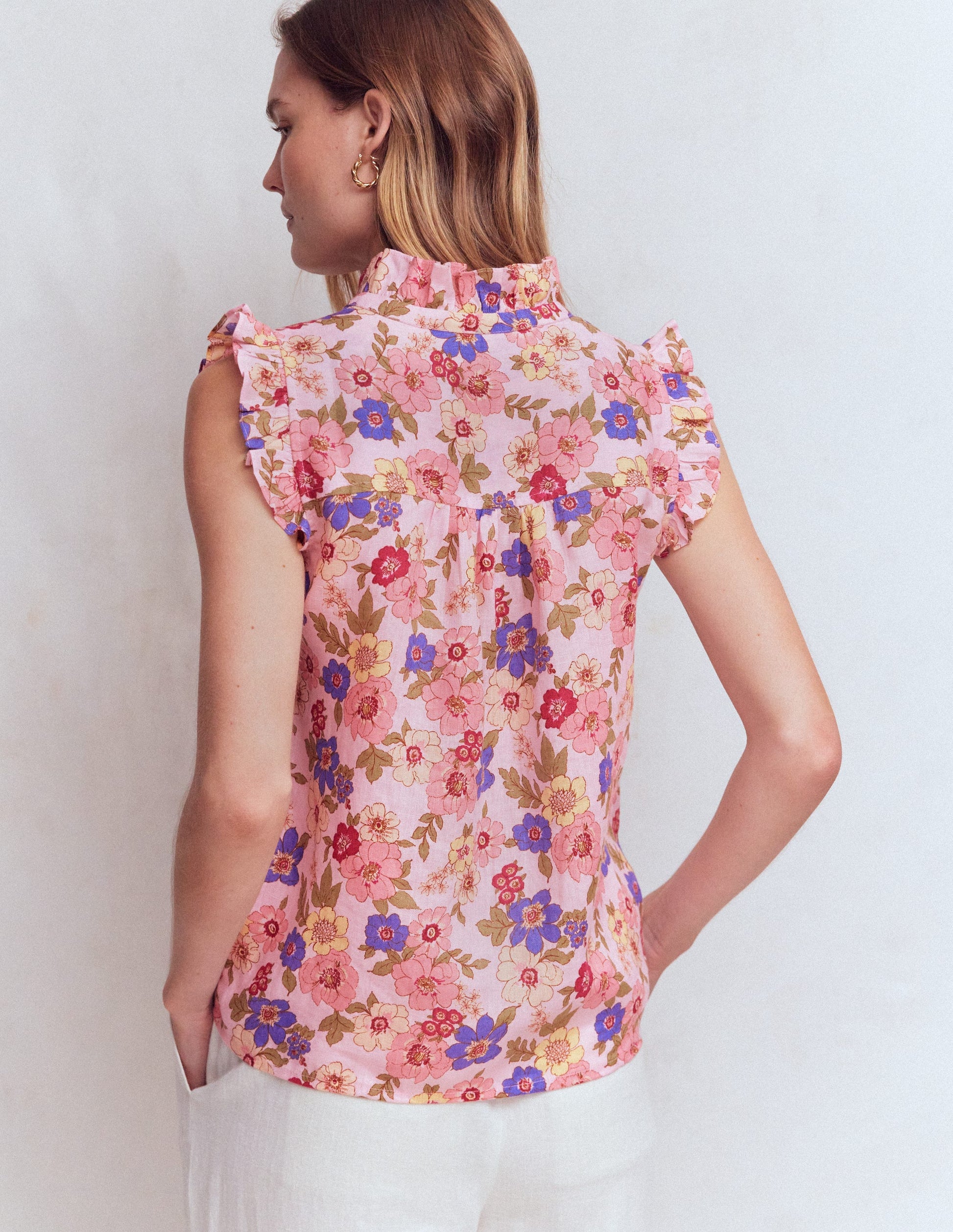 Isabel Ärmelloses Leinenoberteil-Rosa Blumenmuster-3