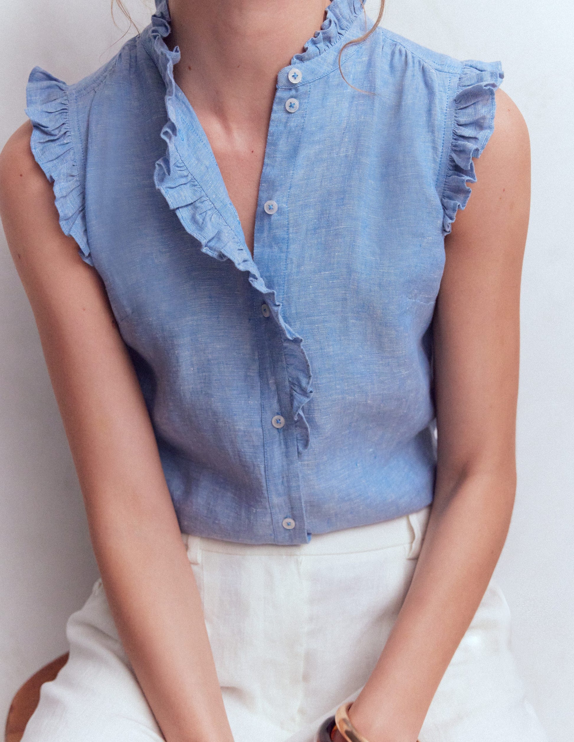 Sleeveless Ruffle Linen Top-Blue Chambray-2