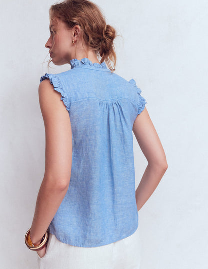 Sleeveless Ruffle Linen Top-Blue Chambray-3
