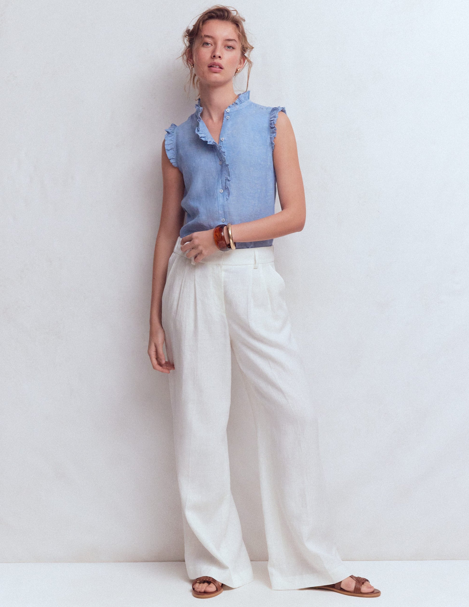 Sleeveless Ruffle Linen Top-Blue Chambray-4