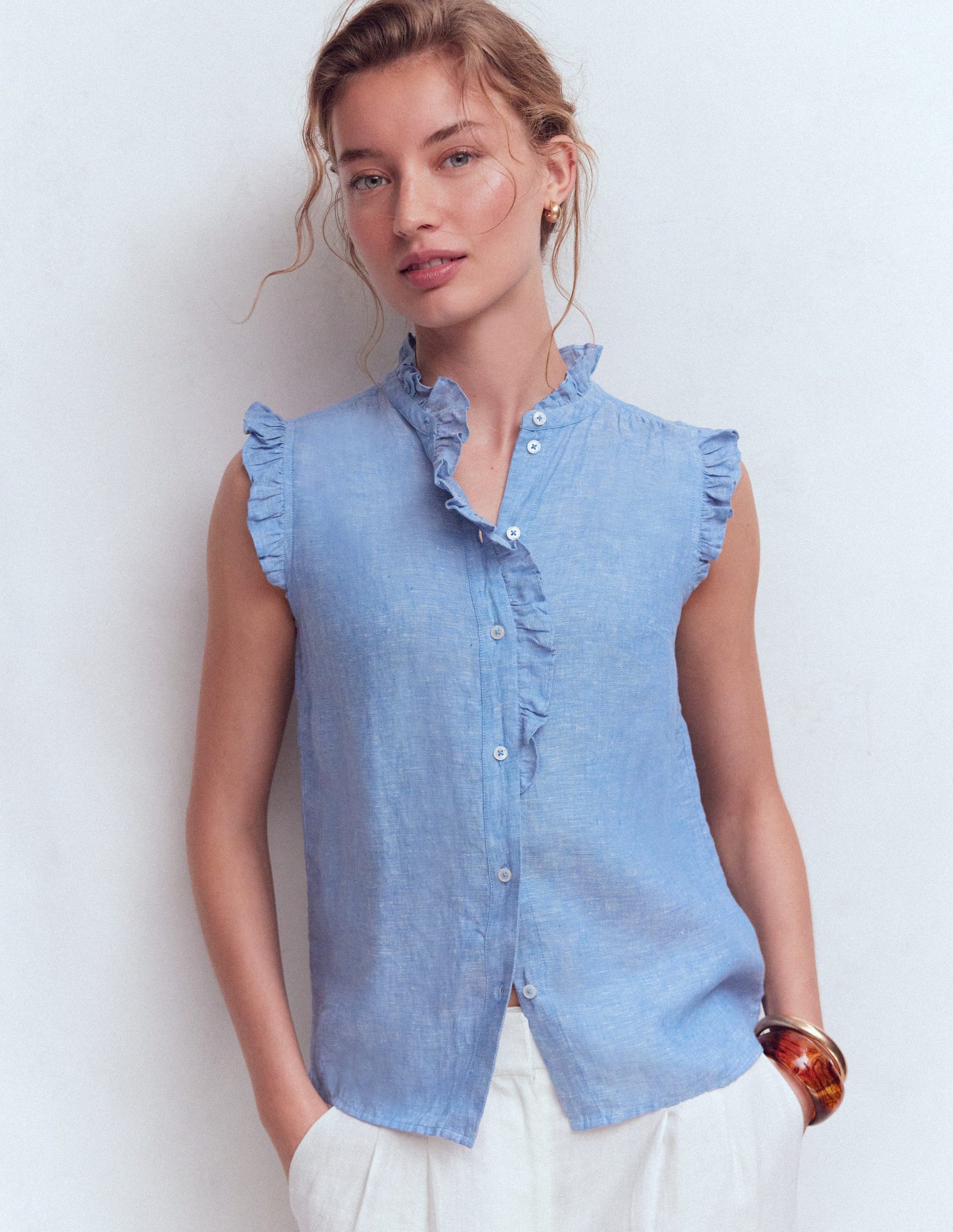 Sleeveless Ruffle Linen Top-Blue Chambray-5
