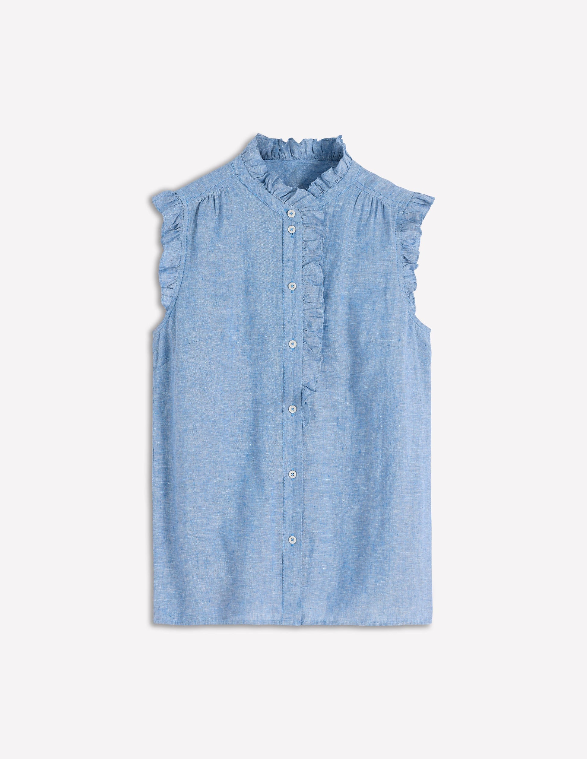 Sleeveless Ruffle Linen Top-Blue Chambray-6