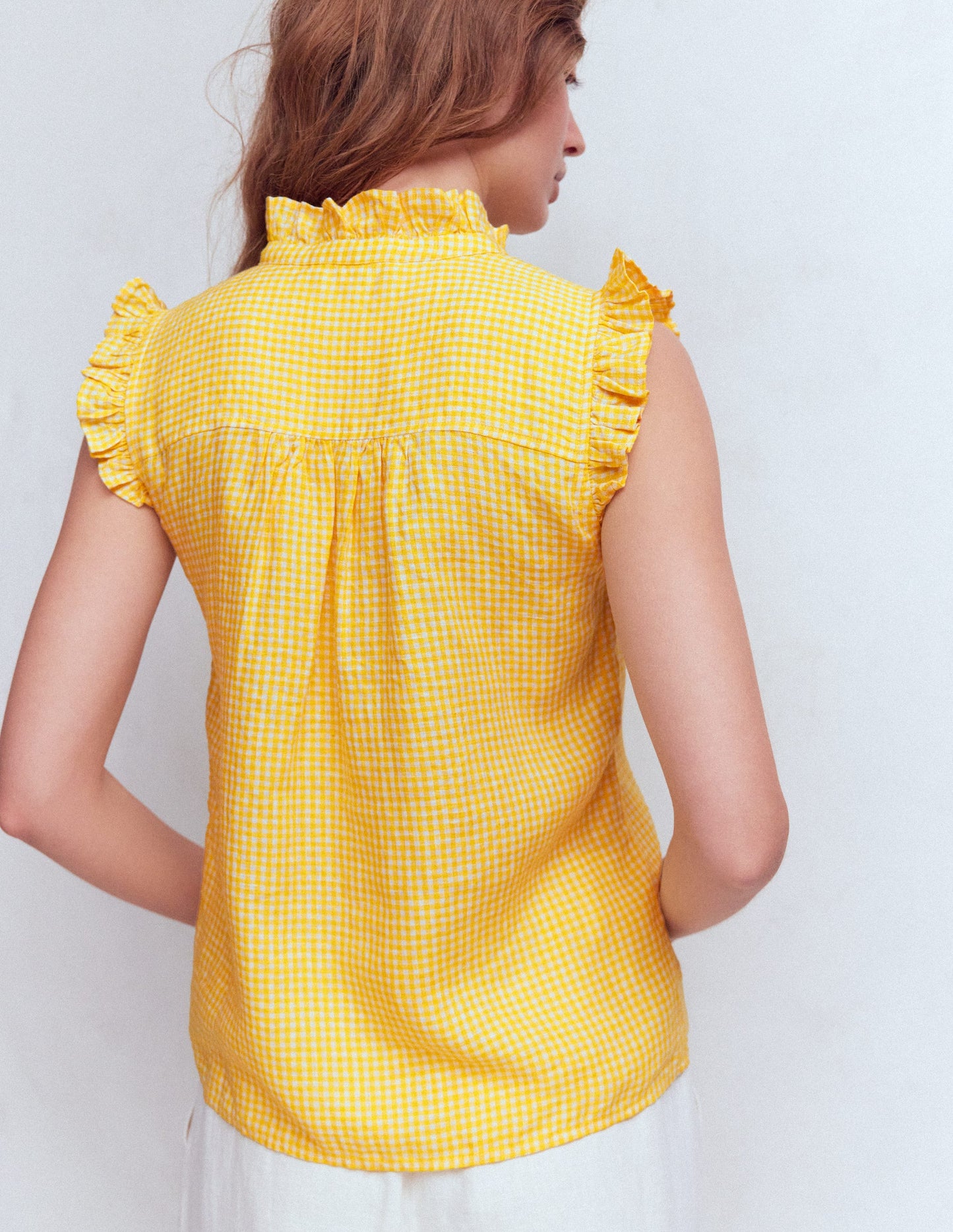 Ärmelloses Leinenoberteil mit Rüschen-Sonnenschein-Gelb Vichykaro