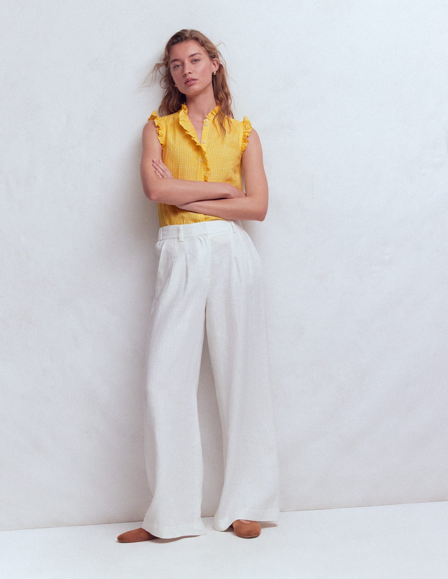 Ärmelloses Leinenoberteil mit Rüschen-Sonnenschein-Gelb Vichykaro