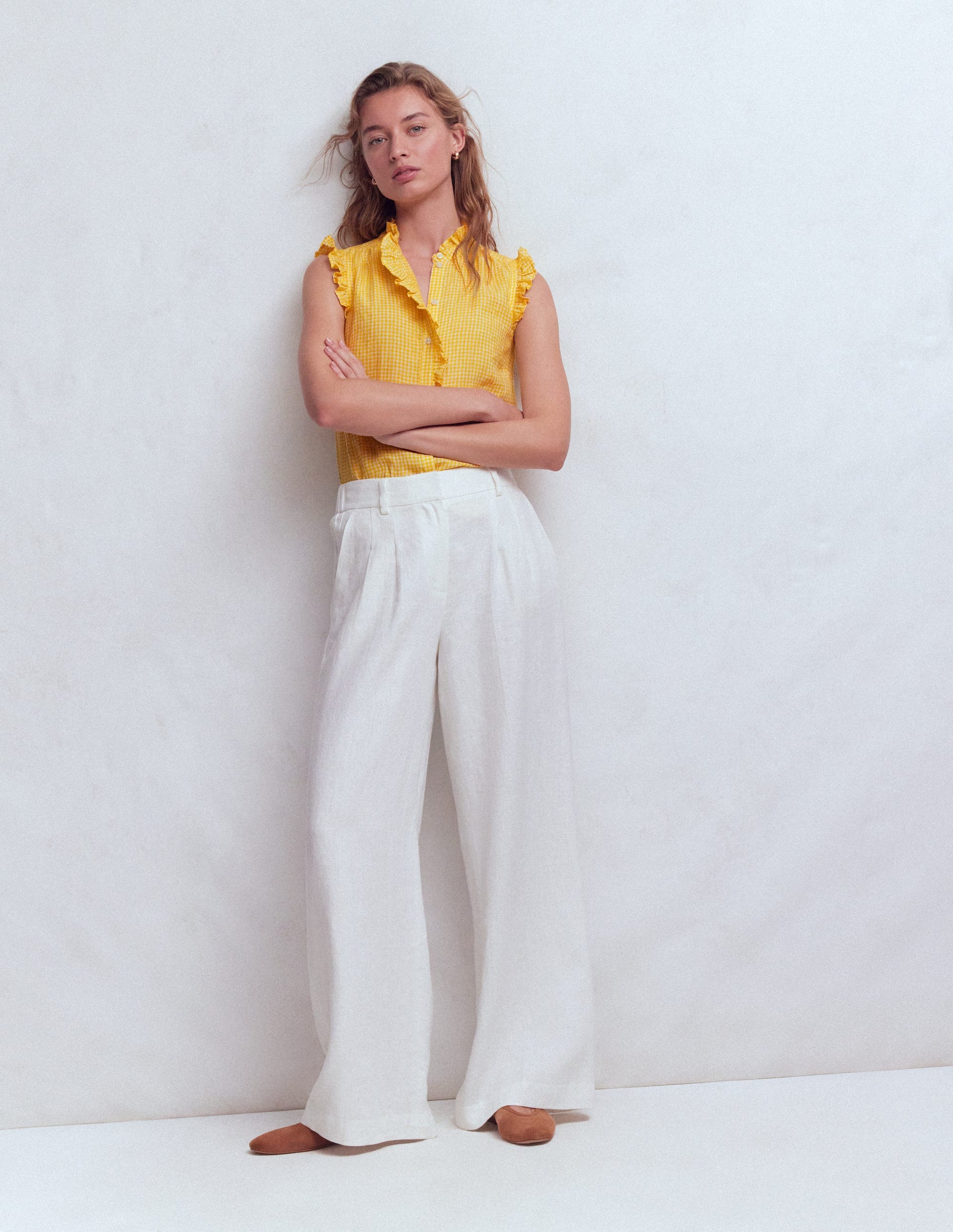 Ärmelloses Leinenoberteil mit Rüschen-Sonnenschein-Gelb Vichykaro-4
