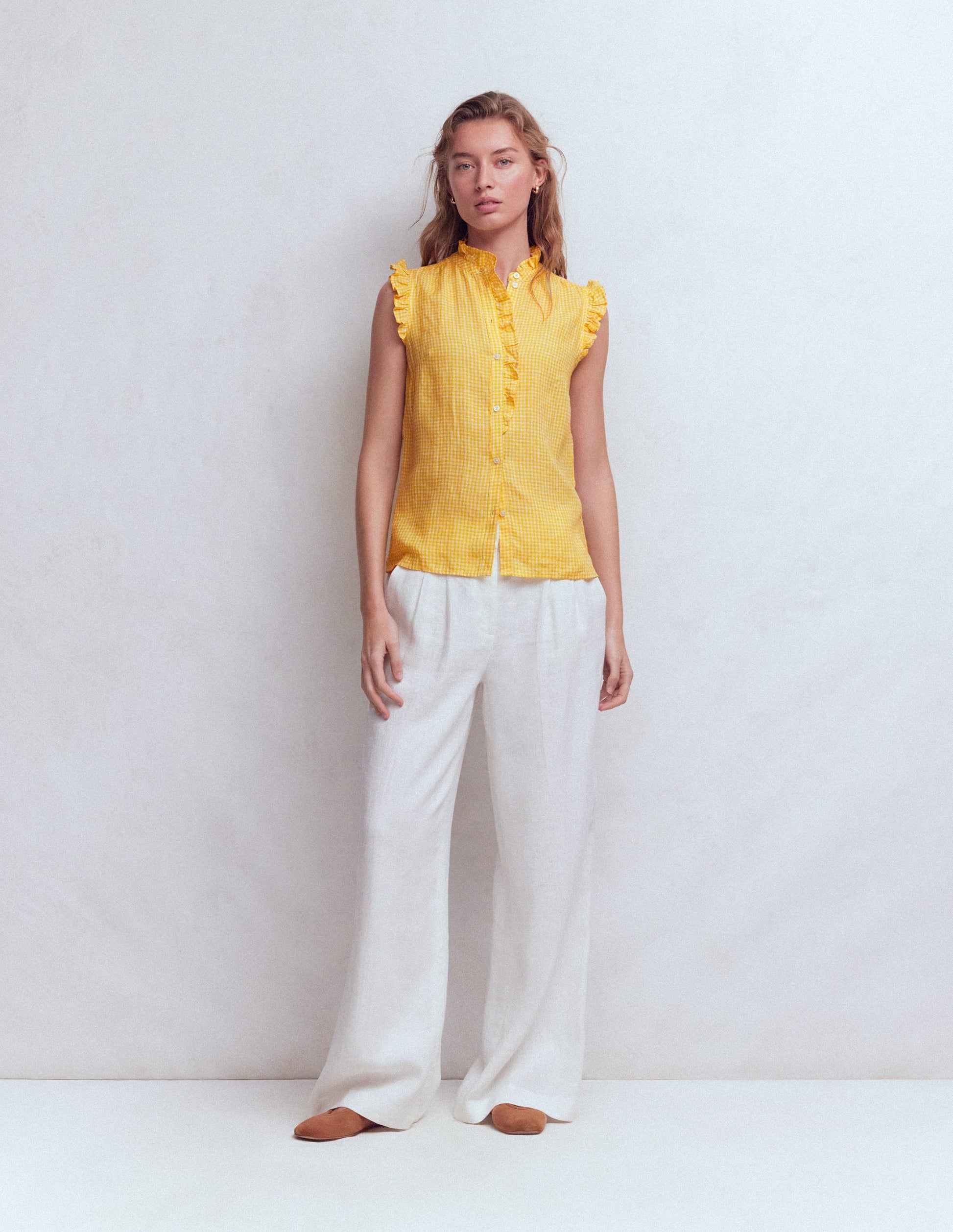 Ärmelloses Leinenoberteil mit Rüschen-Sonnenschein-Gelb Vichykaro-7