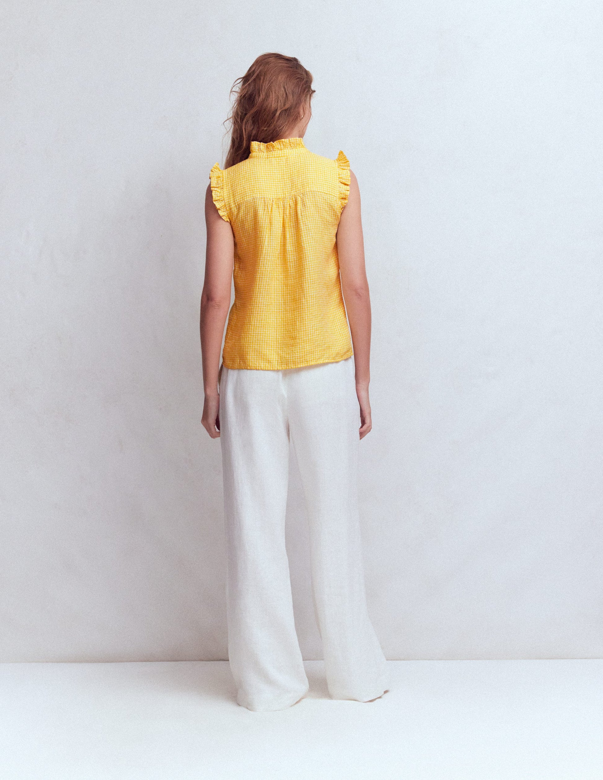 Ärmelloses Leinenoberteil mit Rüschen-Sonnenschein-Gelb Vichykaro-8